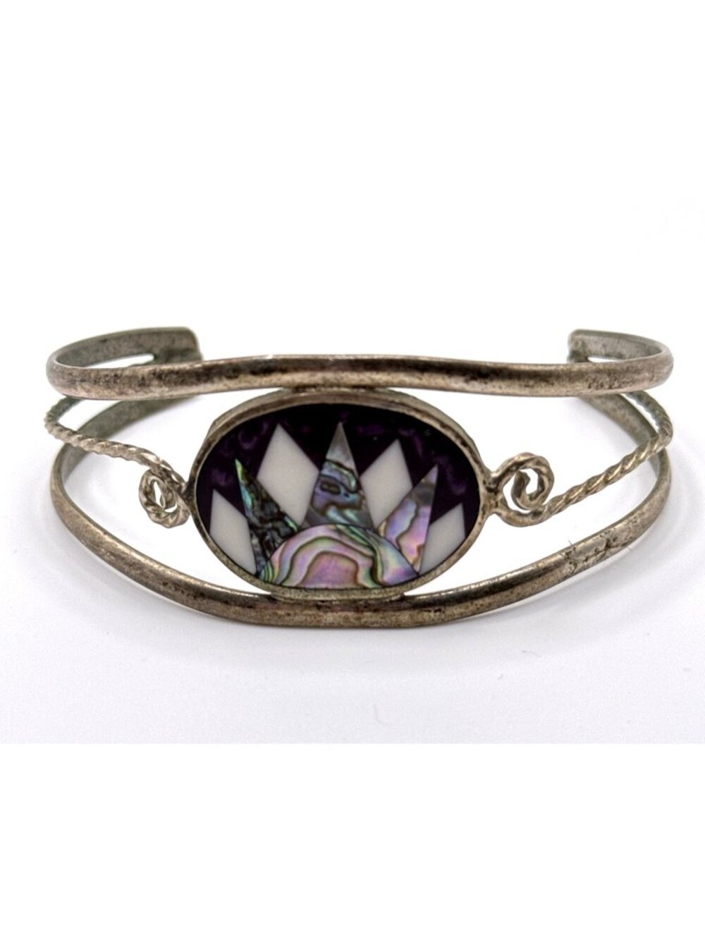 Vintage Alpaca Mexico Cuff Bracelet Silver MOP Abalone Inlay Crown Purple Sz 7
